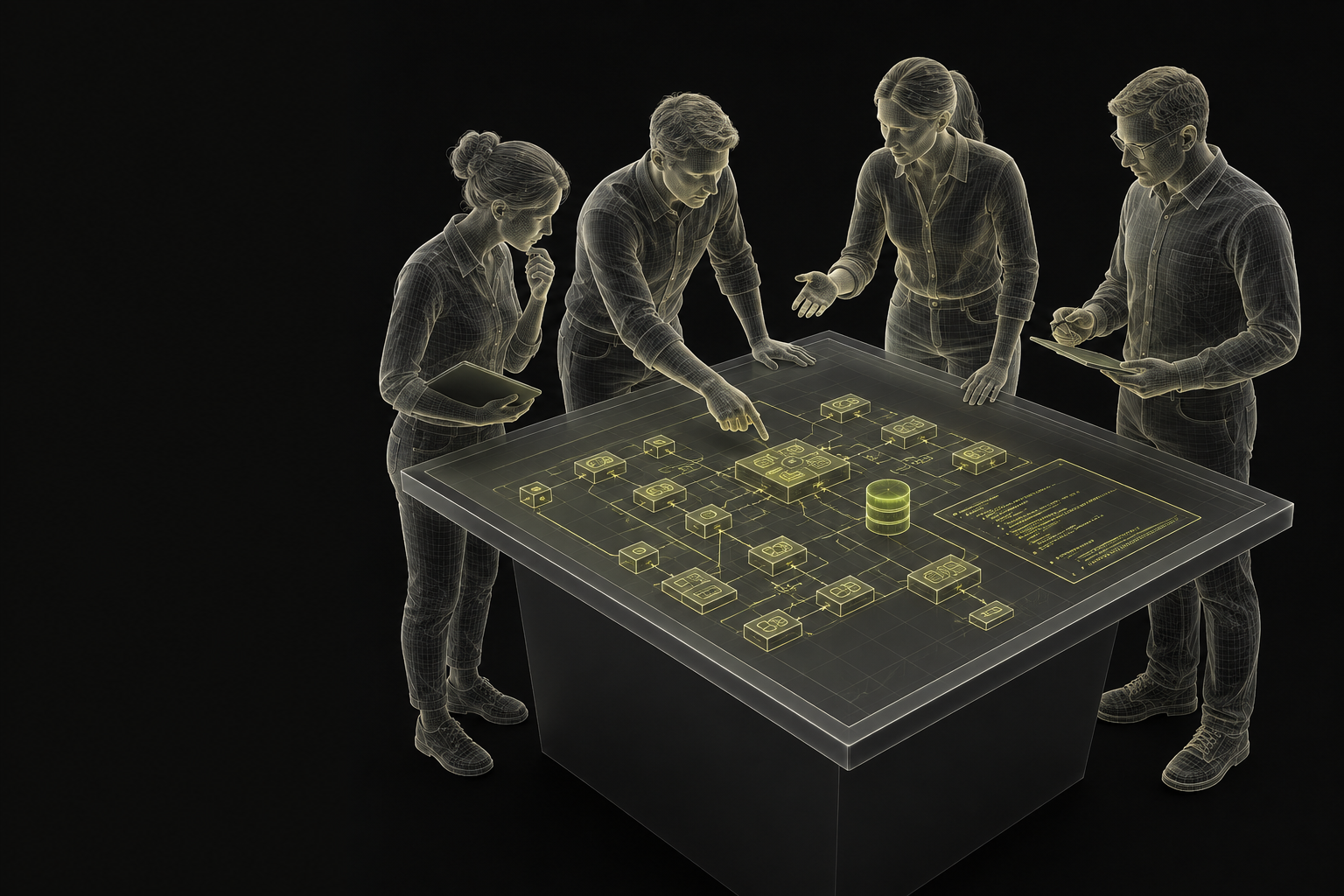 Quatro arquitetos e especialistas digitais analisam um projeto de software: componentes, dados e especificações sobre uma mesa compartilhada.